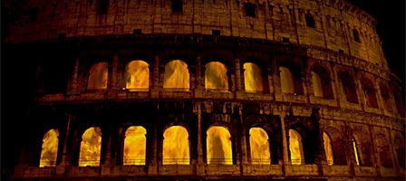 An image of the art installation showing the Roman Colosseum in flames, September 2010