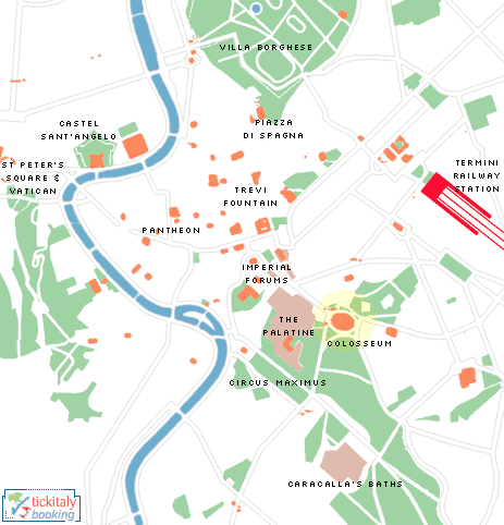 Map showing location of the Roman Colosseum, Rome, Italy
