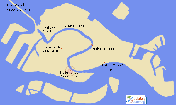 A location map for the Venice Academy (Accademia), Venice, Italy